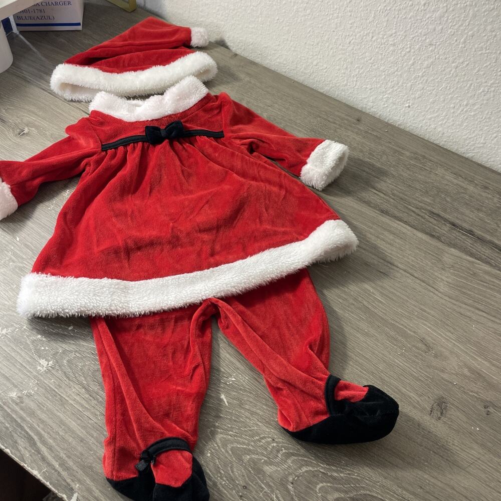 Baby Girl Christmas Santa Dress Outfit 3pc Set 0-3 Months Velvet Holiday Hat